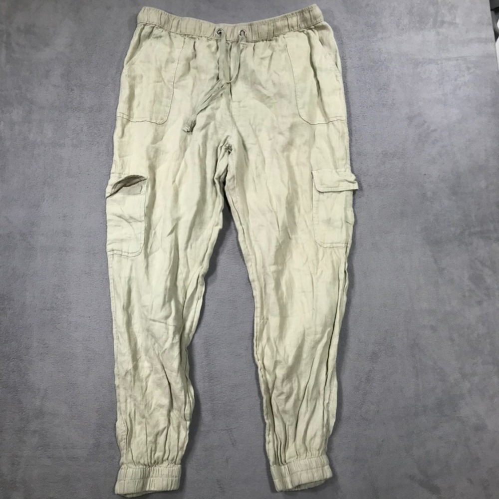 Nicole Miller Cargo Pants Womens XL Green 100% Linen Joggers Beach Coastal